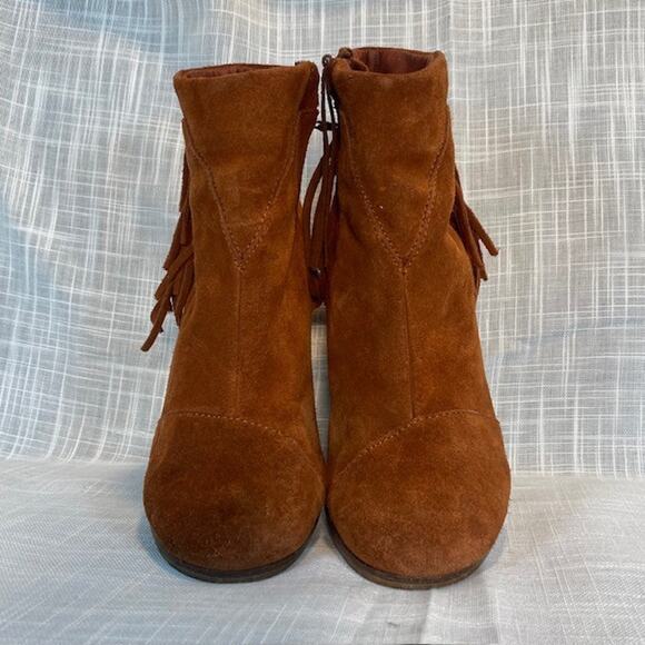 Toms Lunata Womens Boot Size 7 Fringe Block Heel Cognac Brown Suede Boho - Picture 4 of 8